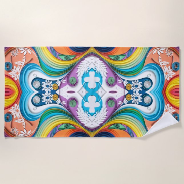Vibrant Symmetry, Multicolor Paper Quilling Manda Beach Towel (Front)