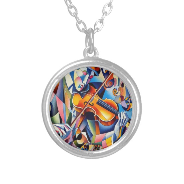 Vibrant Symphony: Abstract Violinist Art Silver Plated Necklace (Front)