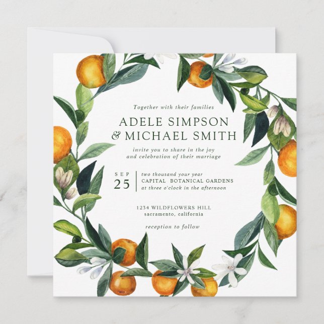 Vibrant Tangerine | All in one   Botanical wedding Invitation (Front)