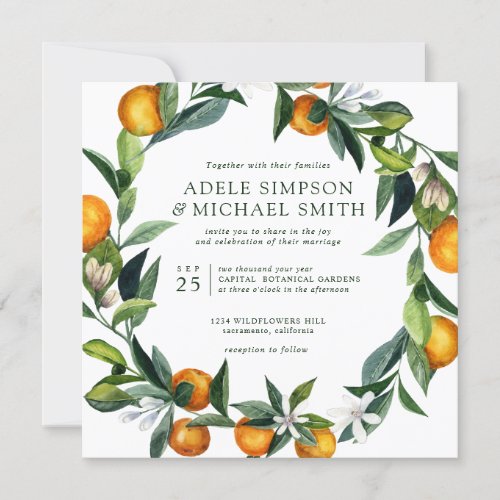 Vibrant Tangerine  All in one   Botanical wedding Invitation