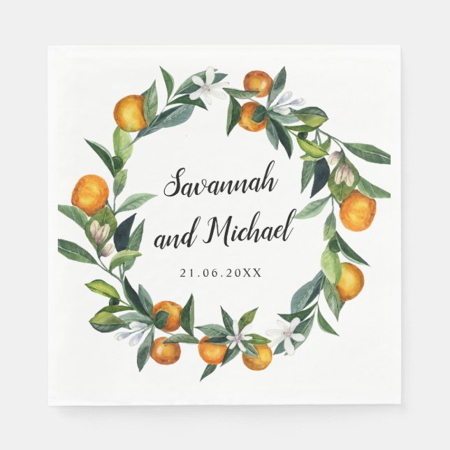 Vibrant Tangerine Citrus Blossom wedding monogram Napkins (Front)