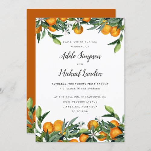 Vibrant Tangerine Citrus leaves watercolor wedding Invitation