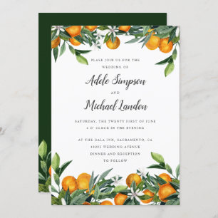 Vibrant Tangerine Citrus leaves watercolor wedding Invitation