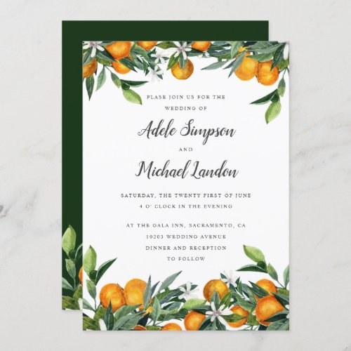 Vibrant Tangerine Citrus leaves watercolor wedding Invitation