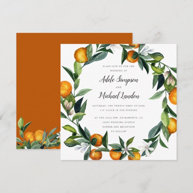 Vibrant Tangerine Citrus wreath watercolor wedding Invitation (Front/Back)