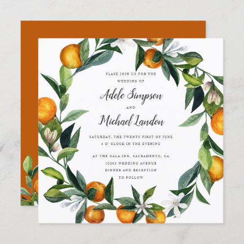 Vibrant Tangerine Citrus wreath watercolor wedding Invitation