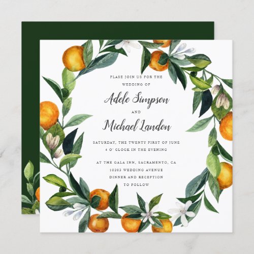 Vibrant Tangerine Citrus wreath watercolor wedding Invitation
