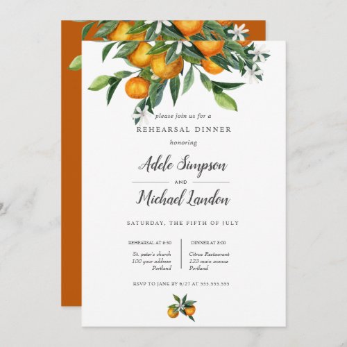 Vibrant Tangerine Orange Citrus Rehearsal Dinner Invitation