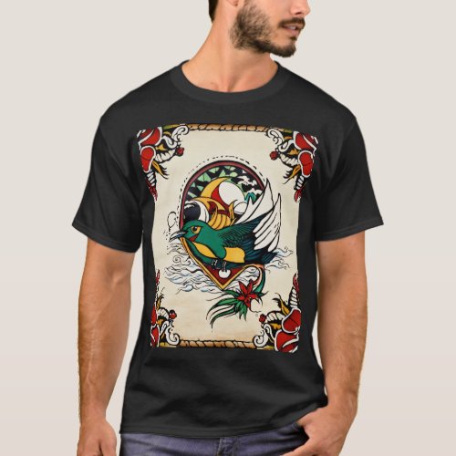 Vibrant Tattoo_Inspired Bird  Floral Art T_Shirt