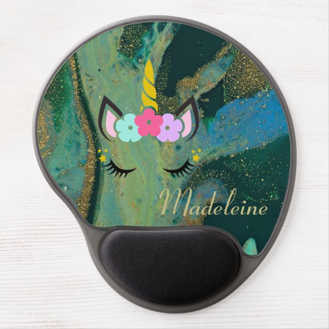 Vibrant Teal Abstract Glam Glitter Unicorn Name  Gel Mouse Pad (Front)