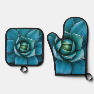 Vibrant Teal Agave Succulent Macro Geometric  Oven Mitt & Pot Holder Set