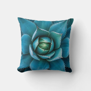 Vibrant Teal Agave Succulent Macro Geometric Throw Pillow