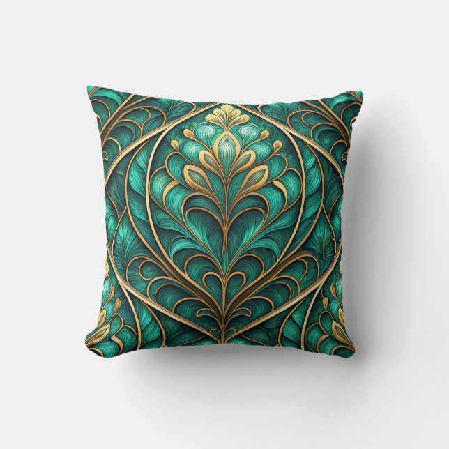 vibrant teal and gold floral pattern throw pillow (Front)