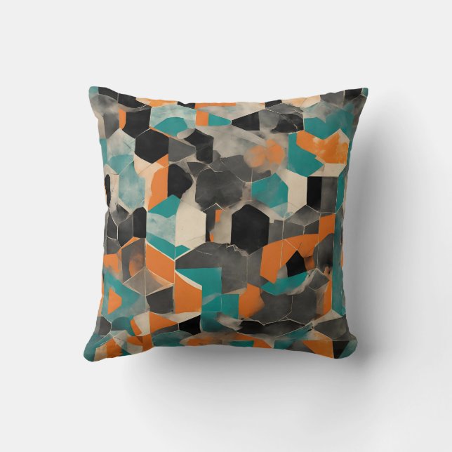 vibrant teal and mustard geometric pattern throw pillow (Back)