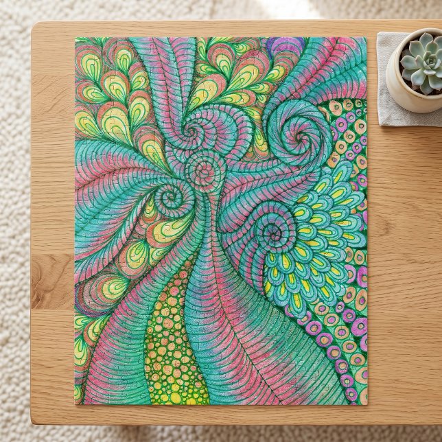 Vibrant Teal and Pink Psychedelic Abstract Swirl Jigsaw Puzzle (Creator Uploaded)