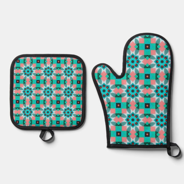 Vibrant Teal and Salmon Geometric Kaleidoscope Pat Oven Mitt & Pot Holder Set (Front)