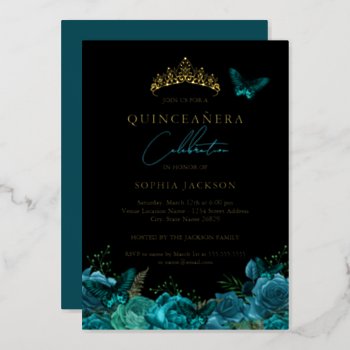 Vibrant Teal Blue Black Butterfly Quinceanera Foil Invitation by LittleBayleigh at Zazzle
