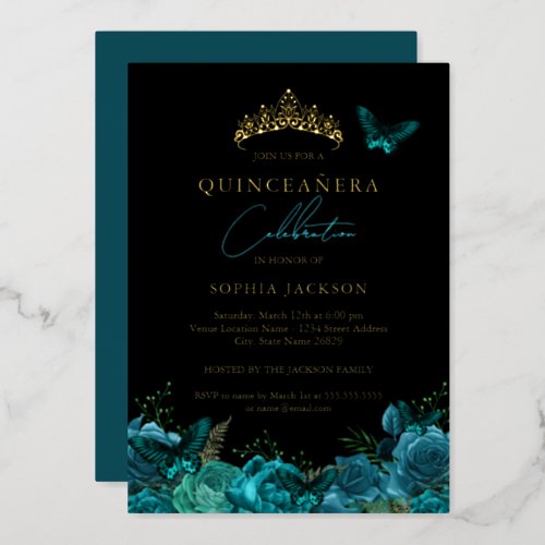 Vibrant Teal Blue Black Butterfly Quinceanera Foil Invitation