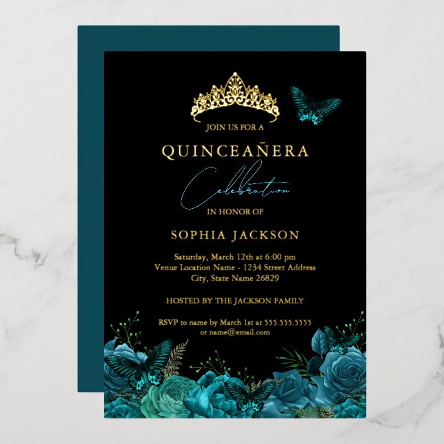 Vibrant Teal Blue Black Butterfly Quinceanera Foil Invitation (Front/Back)