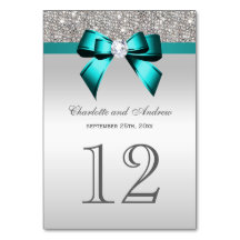 Vibrant Teal Blue Faux Diamond Bow Silver Sequins