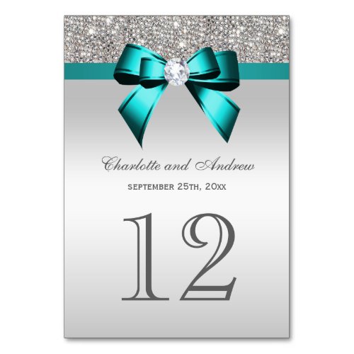 Vibrant Teal Blue Faux Diamond Bow Silver Sequins Table Number