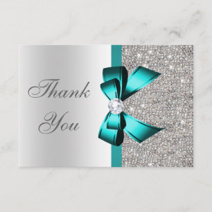 Vibrant Teal Bow Silver Diamonds Thank You Card