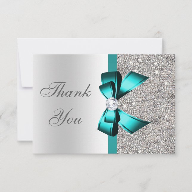 Vibrant Teal Bow Silver Diamonds Thank You Card (Front)