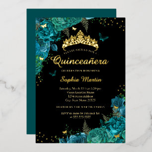 Vibrant Teal Elegant Floral Butterfly Quinceanera  Foil Invitation