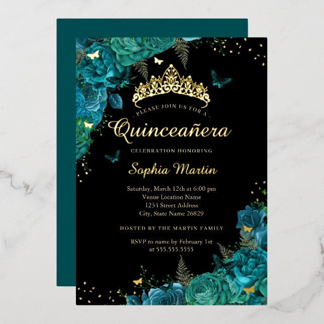 Vibrant Teal Elegant Floral Butterfly Quinceanera  Foil Invitation (Front/Back)