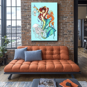 Vibrant Teal Fantasy Mermaid Illustration Canvas Print