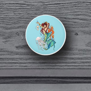 Vibrant Teal Fantasy Mermaid Illustration Ceramic Knob