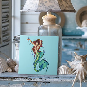 Vibrant Teal Fantasy Mermaid Illustration Ceramic Tile