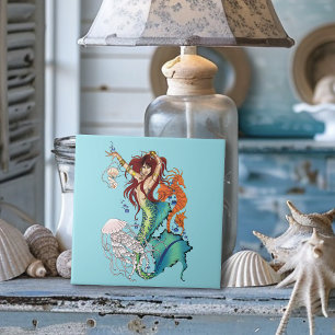 Vibrant Teal Fantasy Mermaid Illustration Ceramic Tile