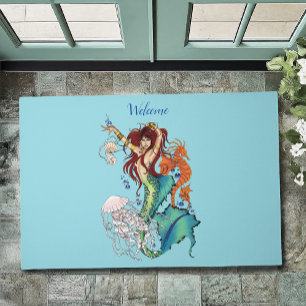 Vibrant Teal Fantasy Mermaid Illustration Doormat