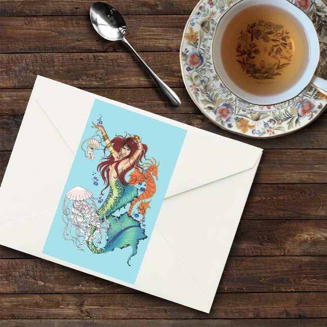 Vibrant Teal Fantasy Mermaid Illustration Rectangular Sticker (Creator Uploaded)