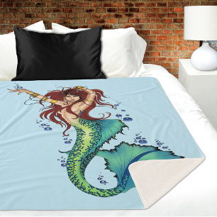 Vibrant Teal Fantasy Mermaid Illustration Sherpa Blanket