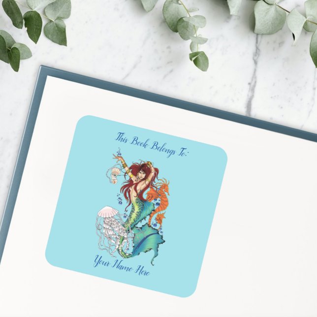 Vibrant Teal Fantasy Mermaid Illustration Square Sticker (Creator Uploaded)