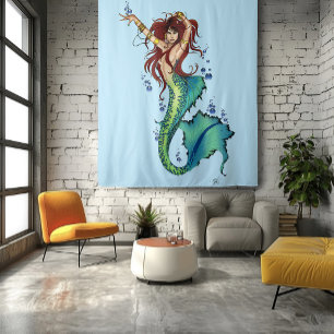 Vibrant Teal Fantasy Mermaid Illustration Tapestry