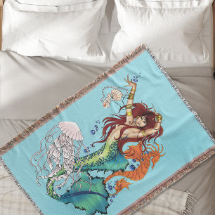 Vibrant Teal Fantasy Mermaid Illustration Throw Blanket