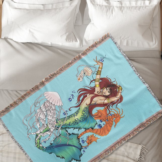 Vibrant Teal Fantasy Mermaid Illustration Throw Blanket (Creator Uploaded)