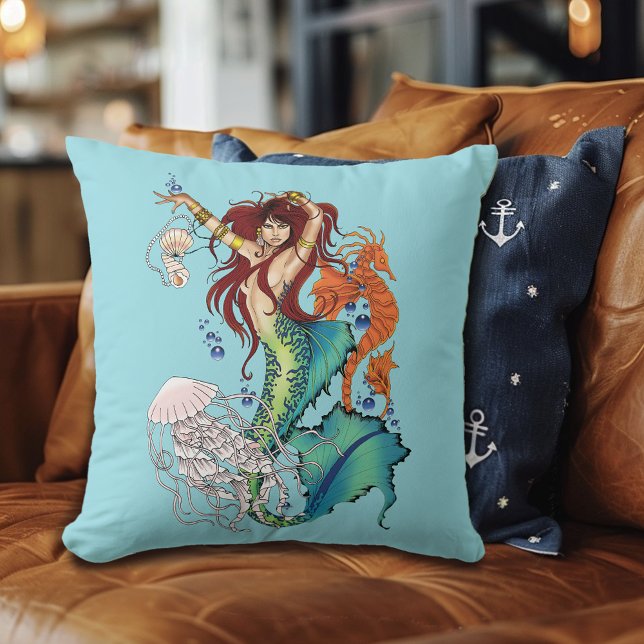 Vibrant Teal Fantasy Mermaid illustration  Throw Pillow (Creator Uploaded)