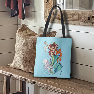 Vibrant Teal Fantasy Mermaid Illustration Tote Bag