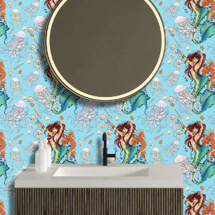 Vibrant Teal Fantasy Mermaid Illustration Wallpaper