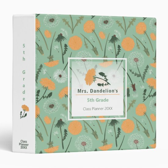 Vibrant Teal Orange Dandelion Floral Teacher Class 3 Ring Binder