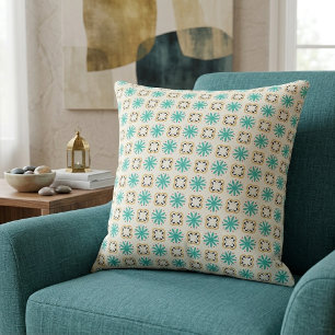 Vibrant Teal Orange Geometric Floral Pattern Throw Pillow