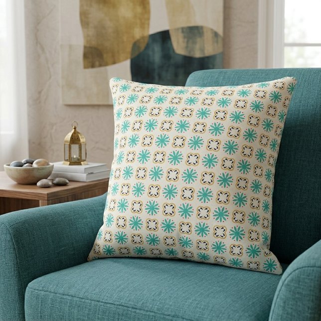Vibrant Teal Orange Geometric Floral Pattern Throw Pillow (Creator Uploaded)
