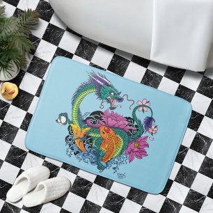 Vibrant Teal Oriental Koi Dragon Lotus Flower Bath Mat