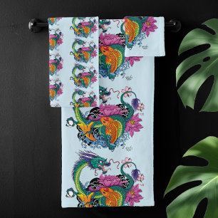 Vibrant Teal Oriental Koi Dragon Lotus Flower Bath Towel Set