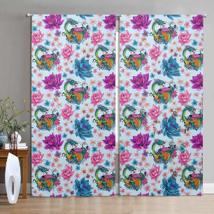Vibrant Teal Oriental Koi Dragon Lotus Flower Blackout Curtains
