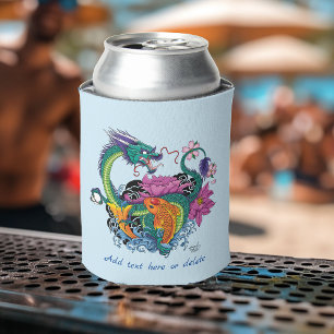 Vibrant Teal Oriental Koi Dragon Lotus Flower Can Cooler